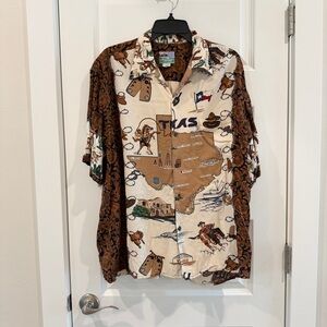 Vintage Reyn Spooner Texas Cowboy Map Hawaiian Button Down Brown Shirt sz L